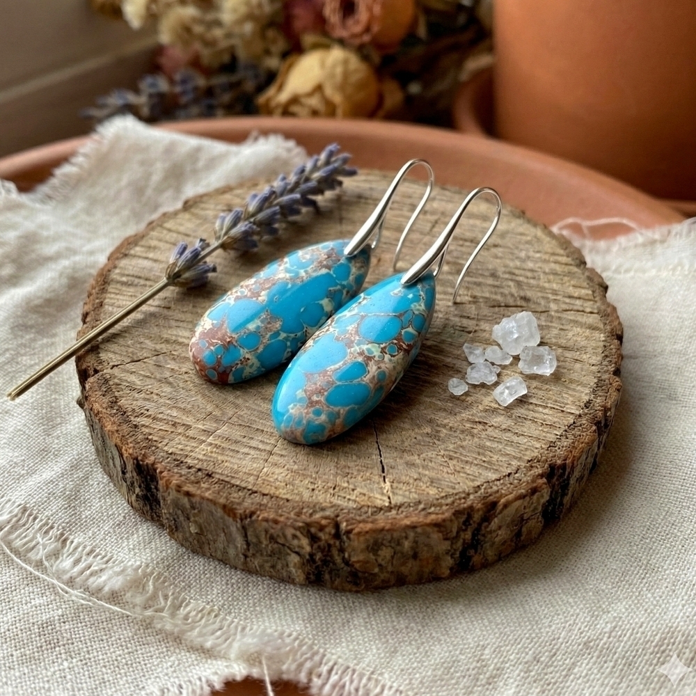 Sea Sediment Jasper Teardrop Dangle Earrings Teal Turquoise Boho Coastal 2in